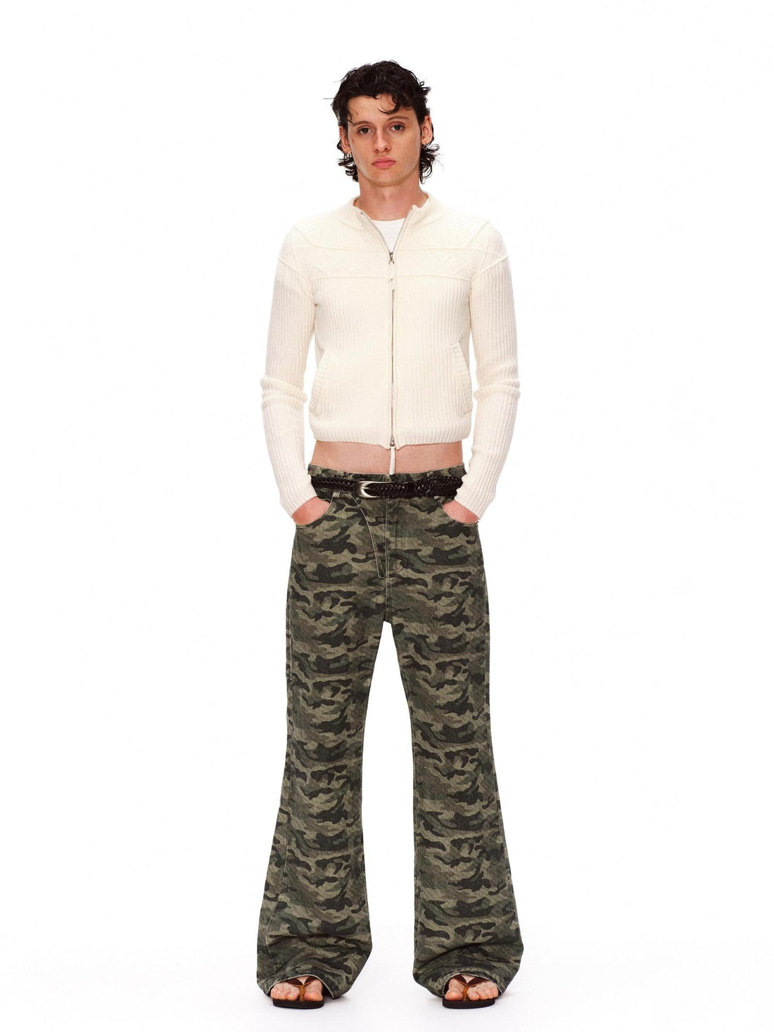 RUN TO THE FUTURE Asymmetric Camo Washed Cotton Casual Flare Loose Womens Mid Rise Straight Pants