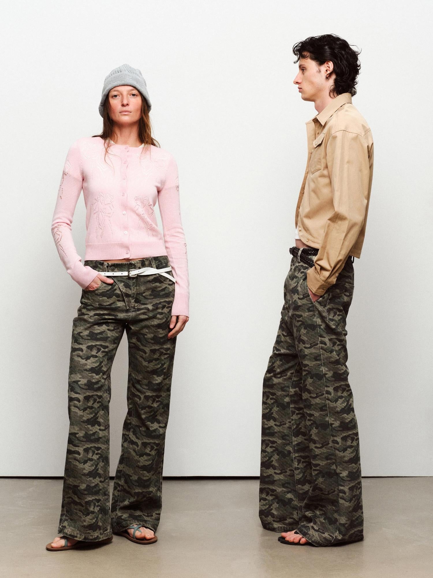 RUN TO THE FUTURE Asymmetric Camo Washed Cotton Casual Flare Loose Womens Mid Rise Straight Pants