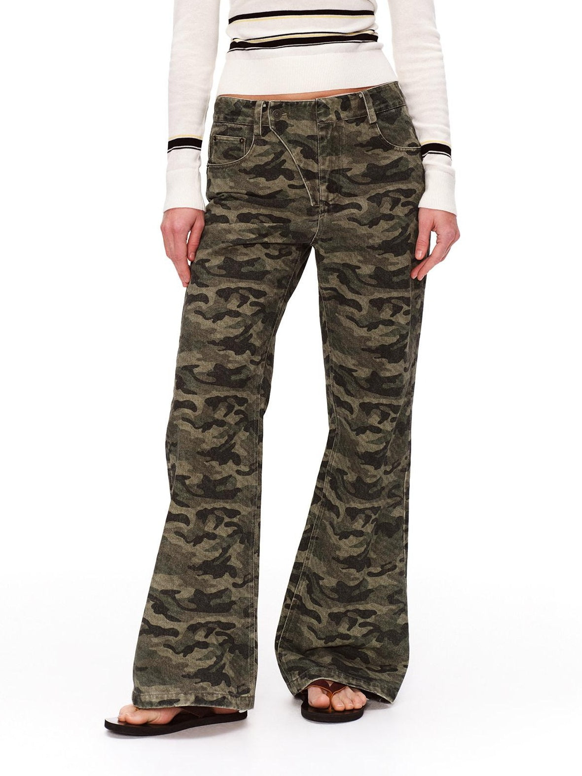 RUN TO THE FUTURE Asymmetric Camo Washed Cotton Casual Flare Loose Womens Mid Rise Straight Pants