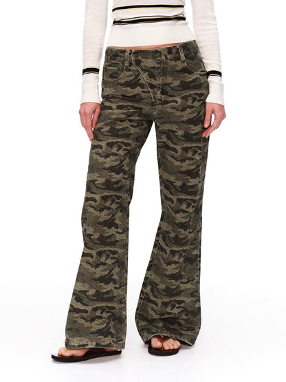 RUN TO THE FUTURE Asymmetric Camo Washed Cotton Casual Flare Loose Womens Mid Rise Straight Pants