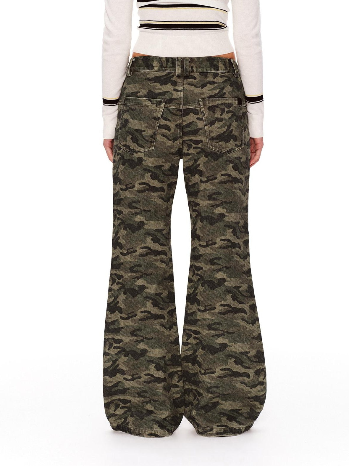 RUN TO THE FUTURE Asymmetric Camo Washed Cotton Casual Flare Loose Womens Mid Rise Straight Pants