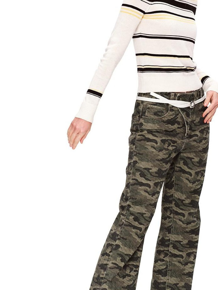 RUN TO THE FUTURE Asymmetric Camo Washed Cotton Casual Flare Loose Womens Mid Rise Straight Pants