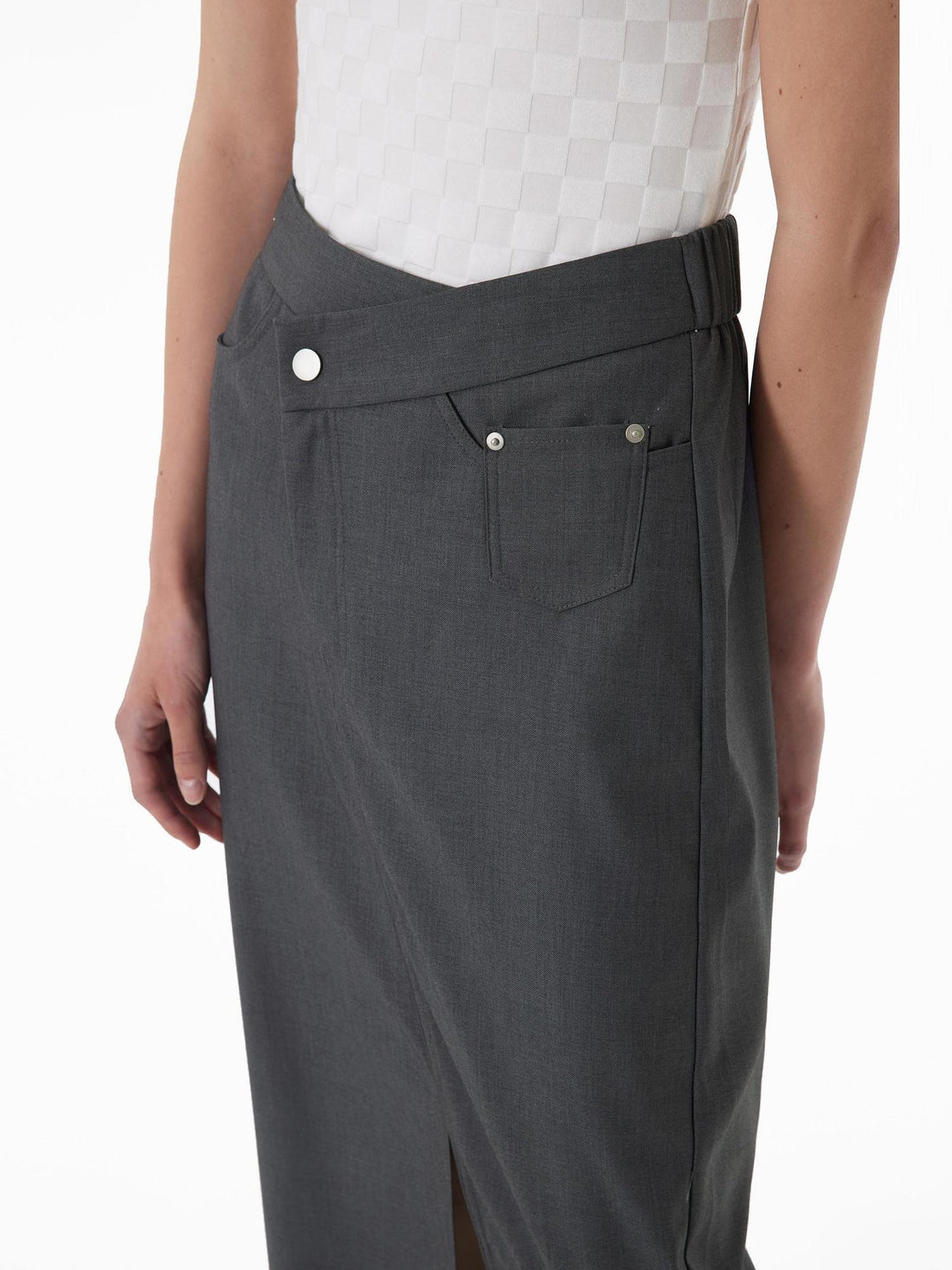 RUN TO THE FUTURE Asymmetric H Line Ladylike Mid Waist Office Grey Poly Cotton Maxi Skirts