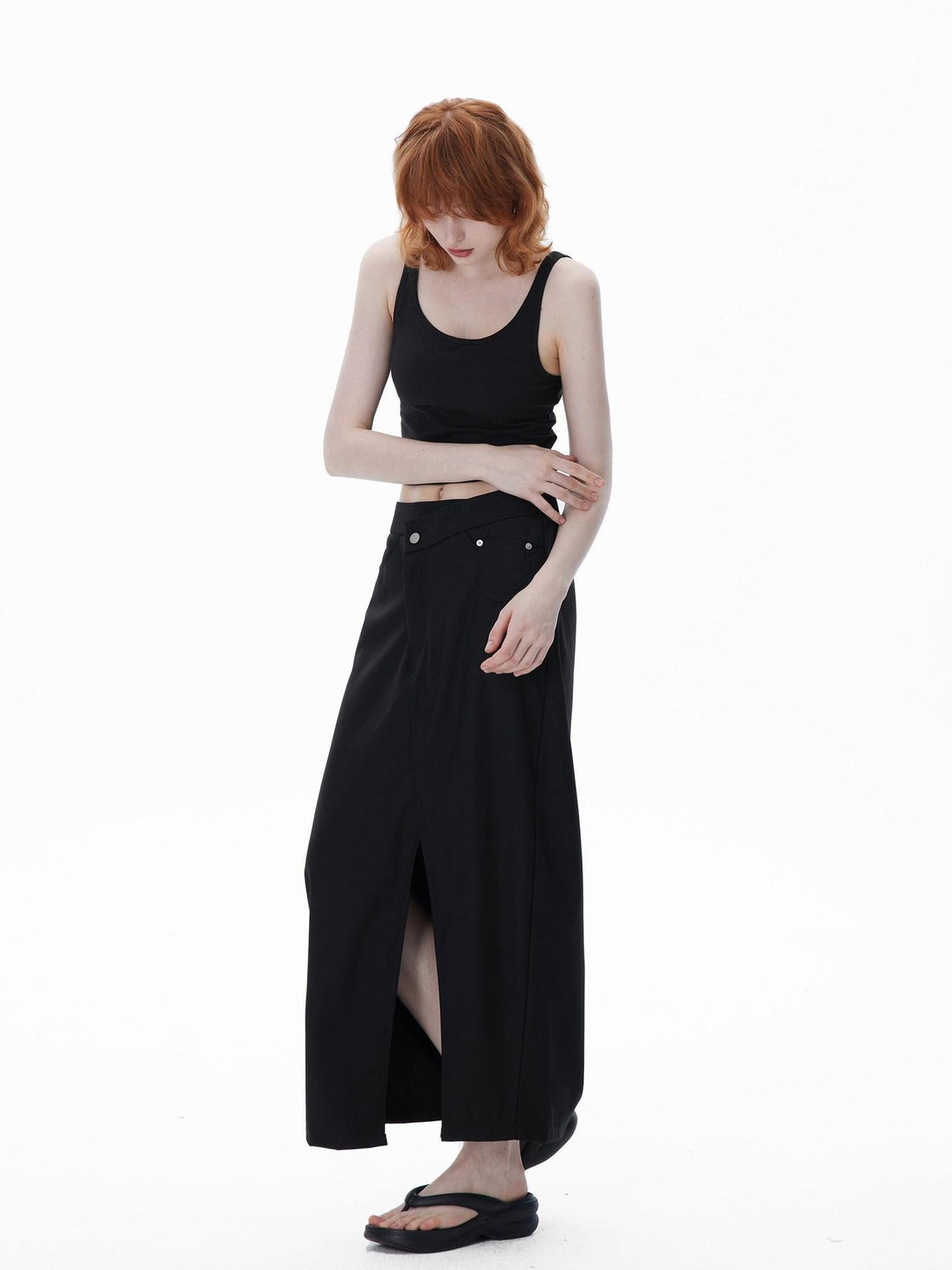 RUN TO THE FUTURE Asymmetric H Line Ladylike Mid Waist Office Grey Poly Cotton Maxi Skirts