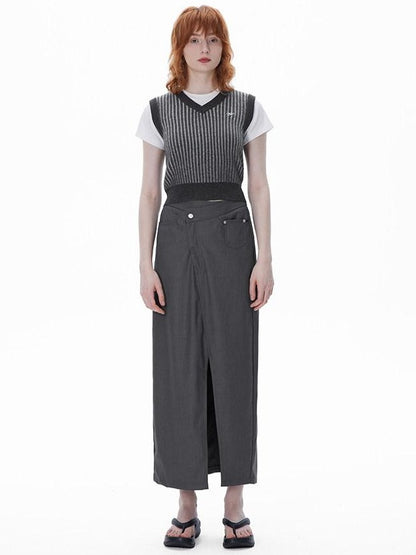 RUN TO THE FUTURE Asymmetric H Line Ladylike Mid Waist Office Grey Poly Cotton Maxi Skirts