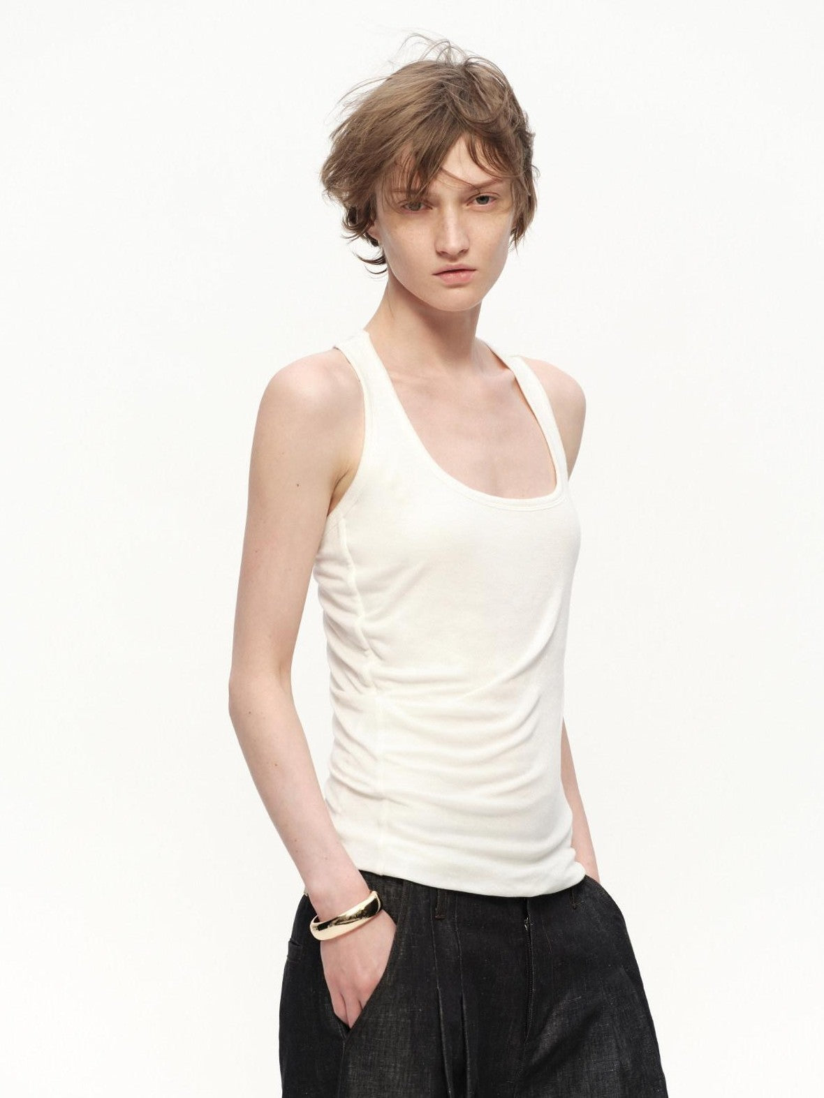 RUN TO THE FUTURE Asymmetric Ruched U Neck Racerback Women&