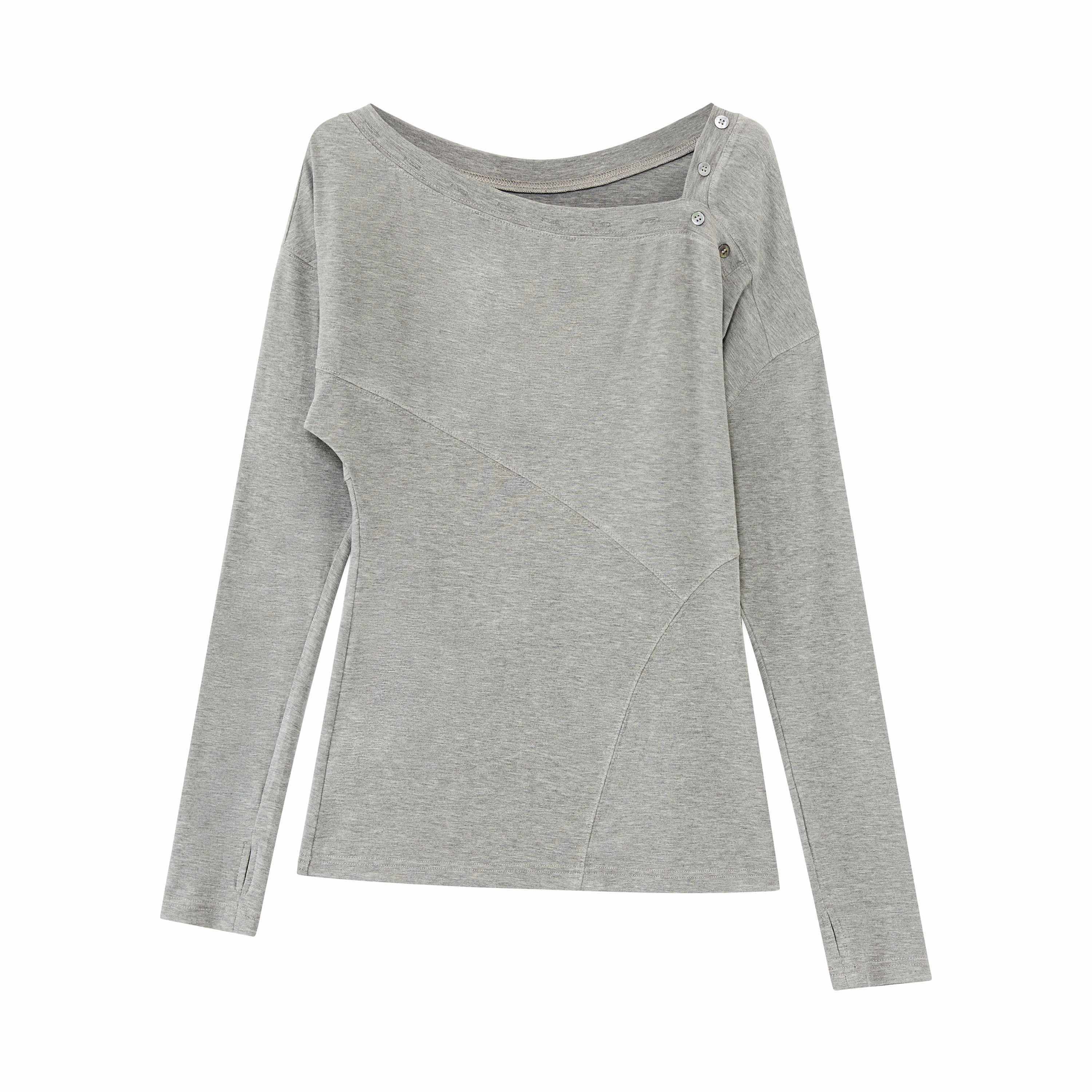 RUN TO THE FUTURE Asymmetric Slim Waist Casual Boat Neck Women Black Heather Long Sleeve T-Shirts