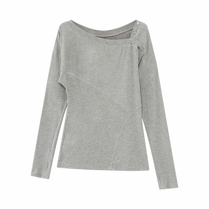RUN TO THE FUTURE Asymmetric Slim Waist Casual Boat Neck Women Black Heather Long Sleeve T-Shirts