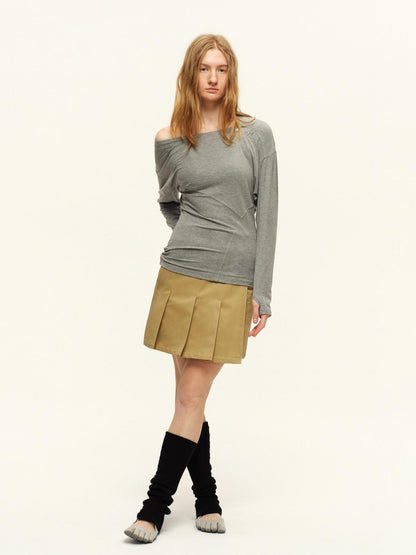 RUN TO THE FUTURE Asymmetric Slim Waist Casual Boat Neck Women Black Heather Long Sleeve T-Shirts