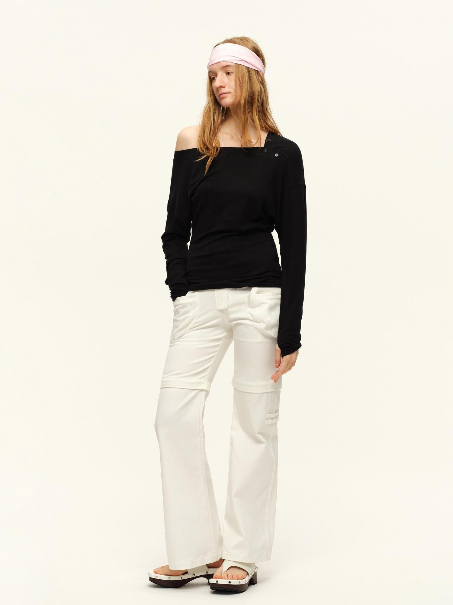 RUN TO THE FUTURE Asymmetric Slim Waist Casual Boat Neck Women Black Heather Long Sleeve T-Shirts