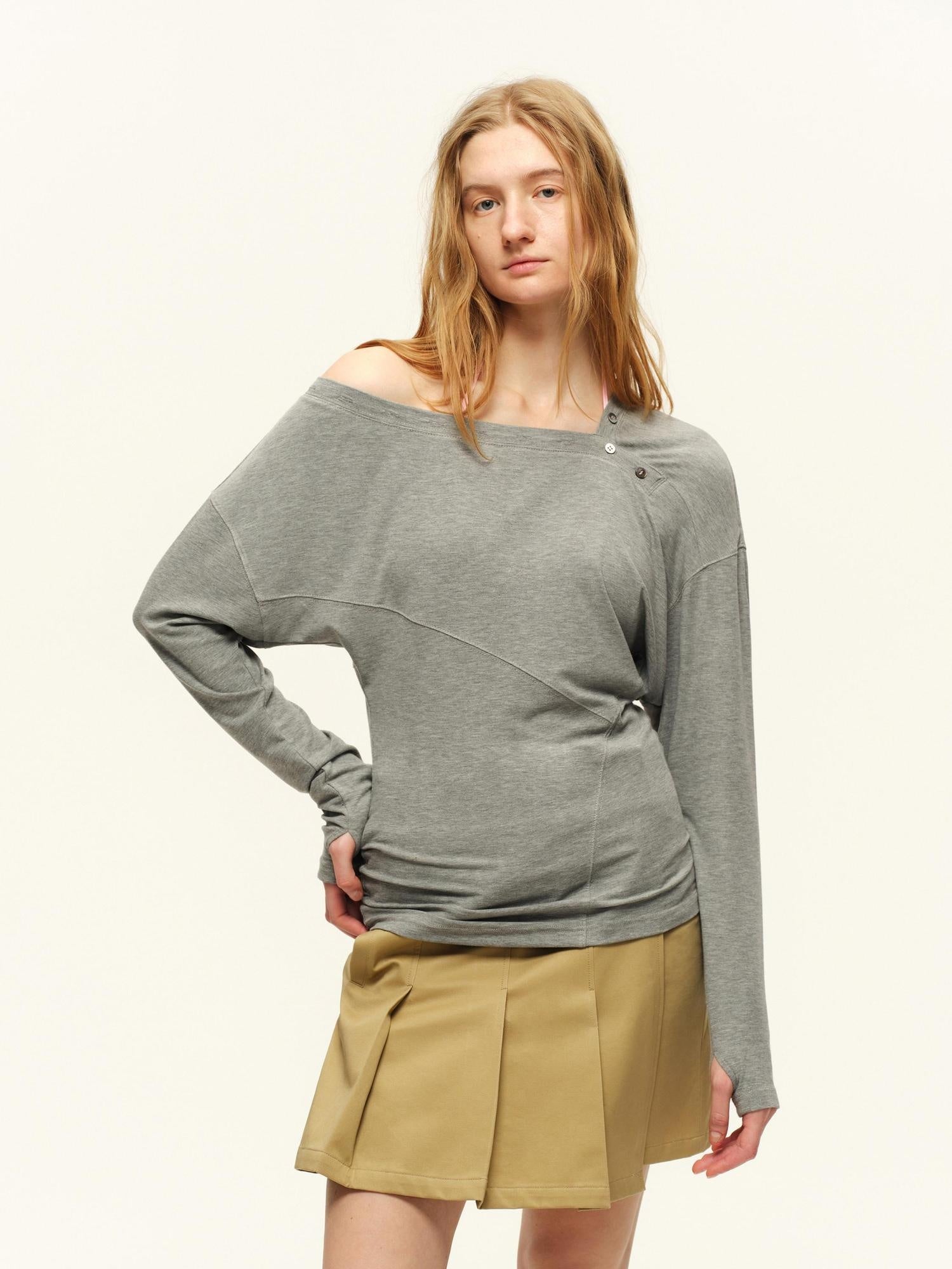 RUN TO THE FUTURE Asymmetric Slim Waist Casual Boat Neck Women Black Heather Long Sleeve T-Shirts