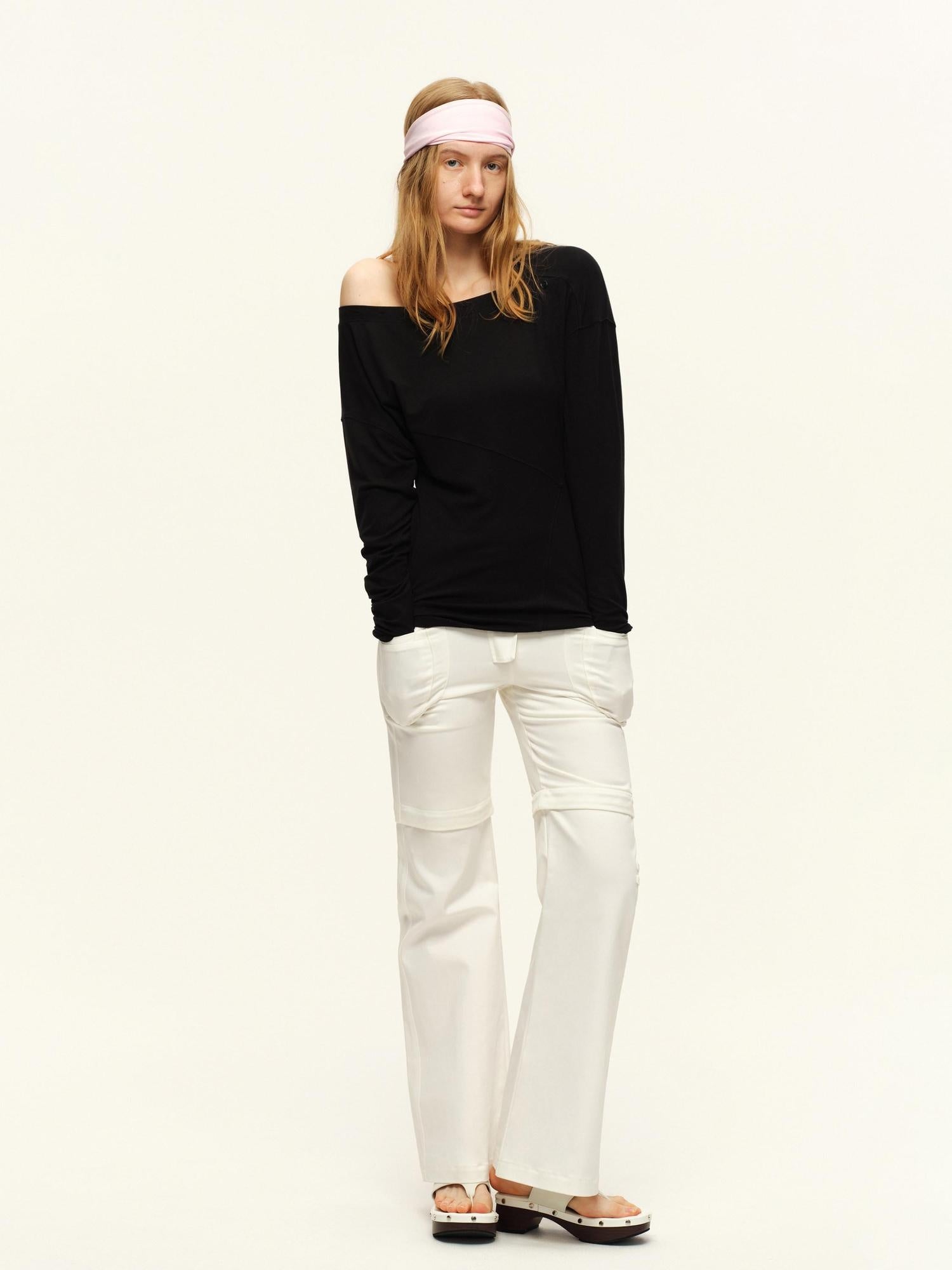 RUN TO THE FUTURE Asymmetric Slim Waist Casual Boat Neck Women Black Heather Long Sleeve T-Shirts