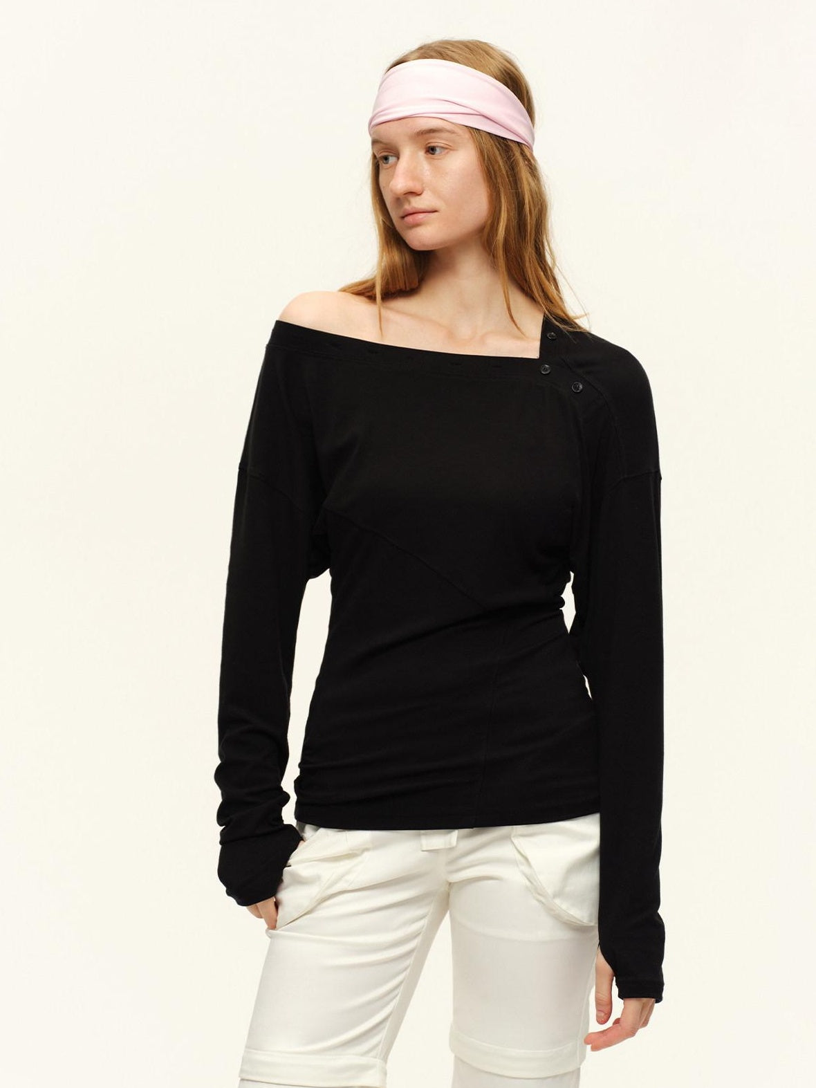 RUN TO THE FUTURE Asymmetric Slim Waist Casual Boat Neck Women Black Heather Long Sleeve T-Shirts