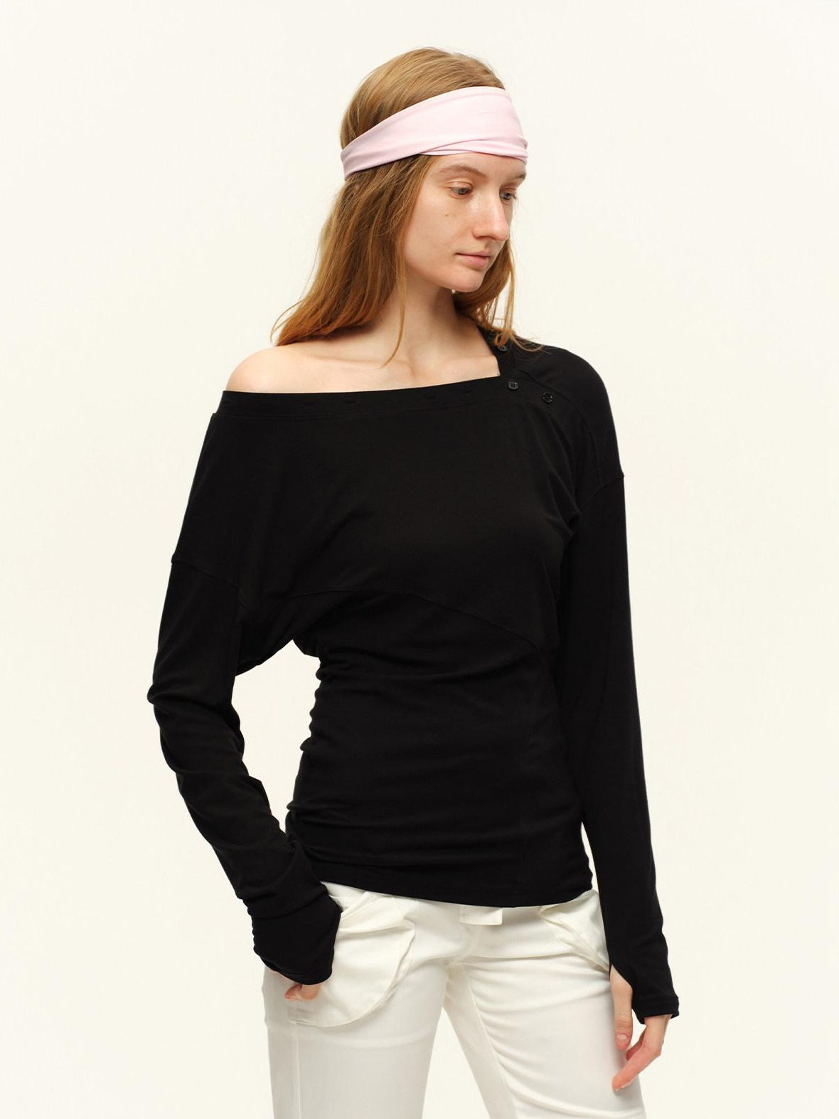 RUN TO THE FUTURE Asymmetric Slim Waist Casual Boat Neck Women Black Heather Long Sleeve T-Shirts