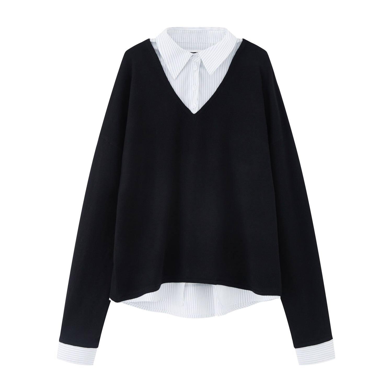 RUN_TO_THE_FUTURE_Black_Faux_Layered_Spliced_Polo_Collar_Women&