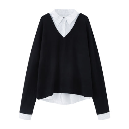 RUN_TO_THE_FUTURE_Black_Faux_Layered_Spliced_Polo_Collar_Women&