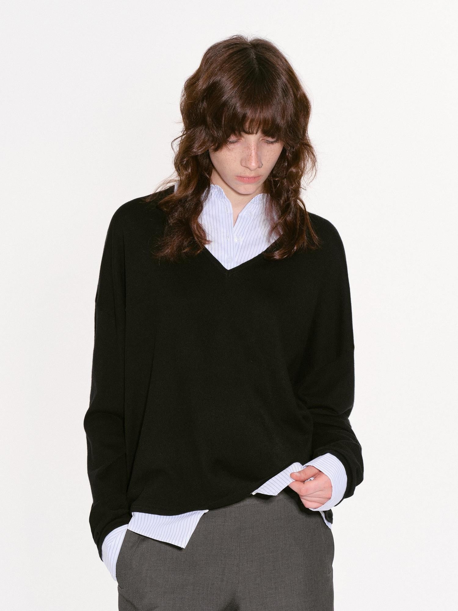 RUN TO THE FUTURE Black Faux Layered Spliced Polo Collar Women&