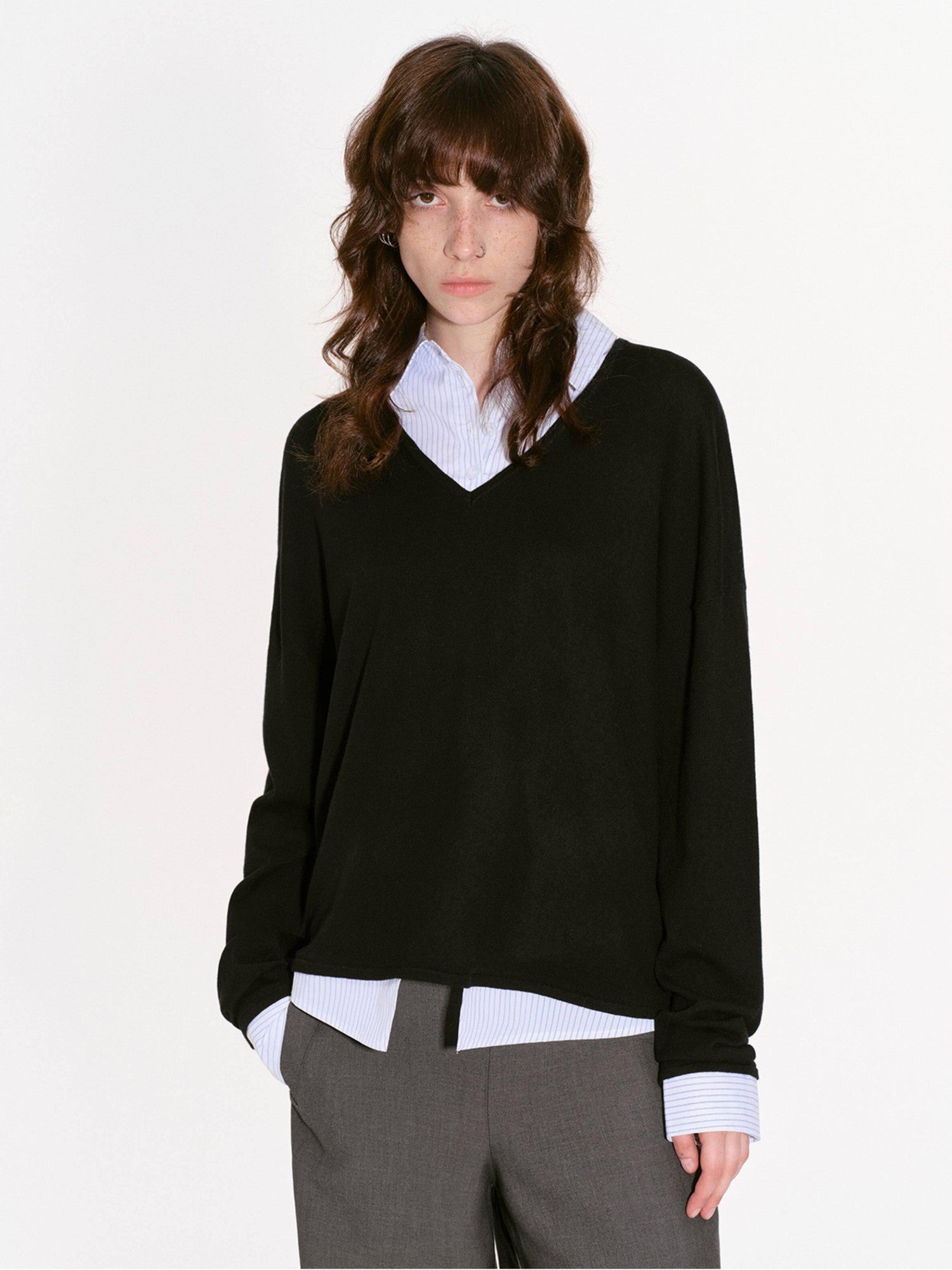 RUN TO THE FUTURE Black Faux Layered Spliced Polo Collar Women&