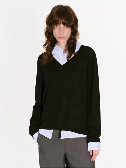 RUN TO THE FUTURE Black Faux Layered Spliced Polo Collar Women&