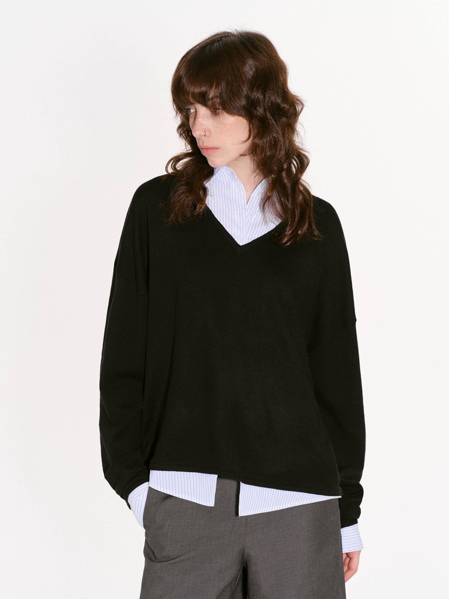 RUN TO THE FUTURE Black Faux Layered Spliced Polo Collar Women&