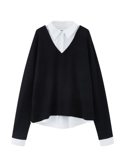 RUN TO THE FUTURE Black Faux Layered Spliced Polo Collar Women&