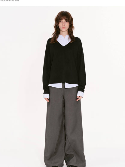 RUN TO THE FUTURE Black Faux Layered Spliced Polo Collar Women&