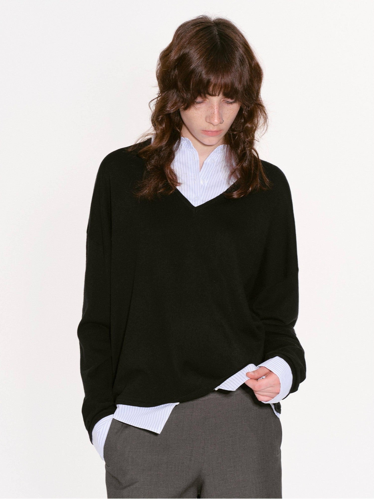 RUN TO THE FUTURE Black Faux Layered Spliced Polo Collar Women&