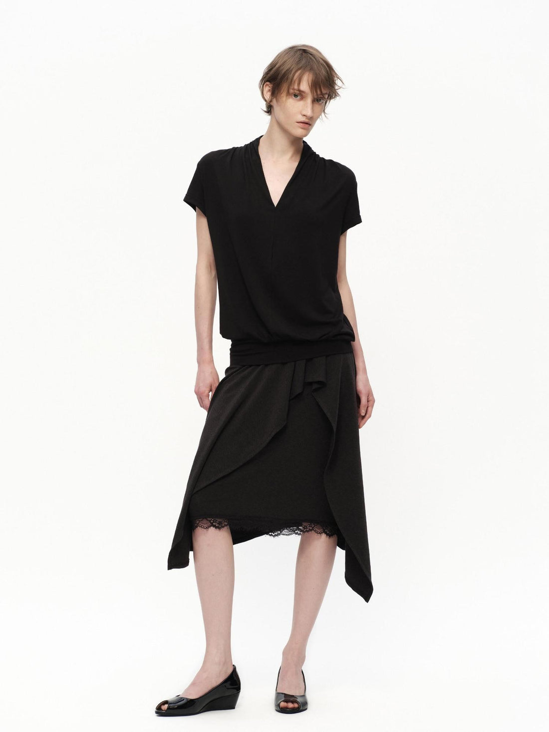 RUN TO THE FUTURE Black Lace Spliced Asymmetric Drapey A Line Women&