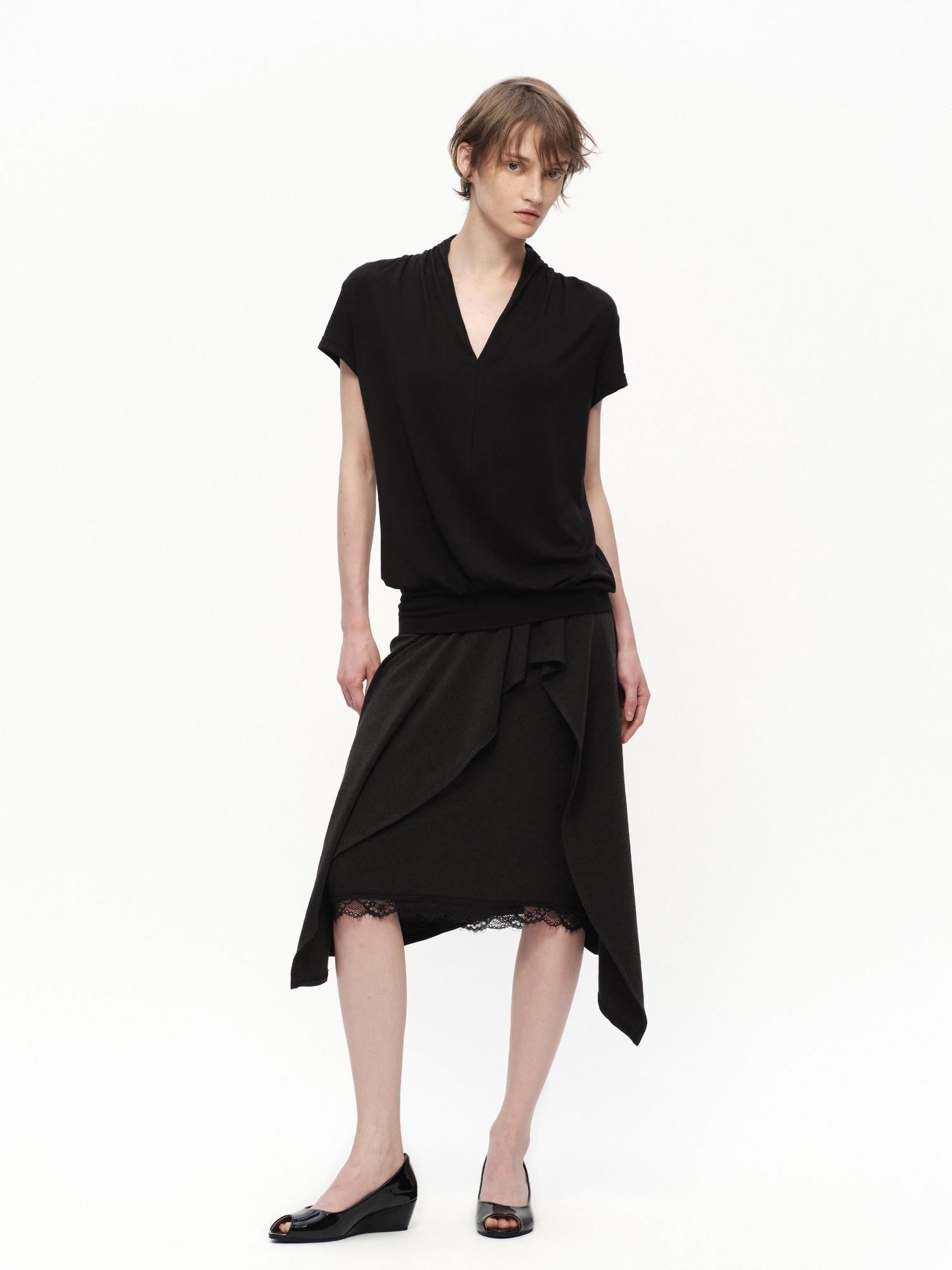 RUN TO THE FUTURE Black Lace Spliced Asymmetric Drapey A Line Women&