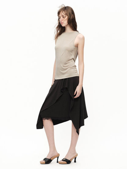RUN TO THE FUTURE Black Lace Spliced Asymmetric Drapey A Line Women&