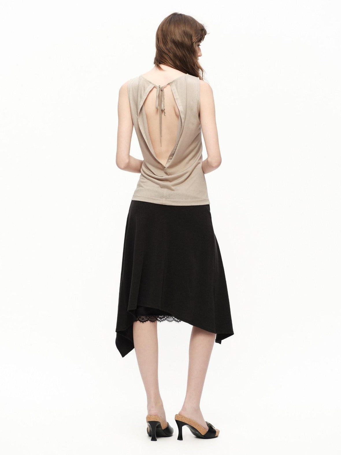 RUN TO THE FUTURE Black Lace Spliced Asymmetric Drapey A Line Women&