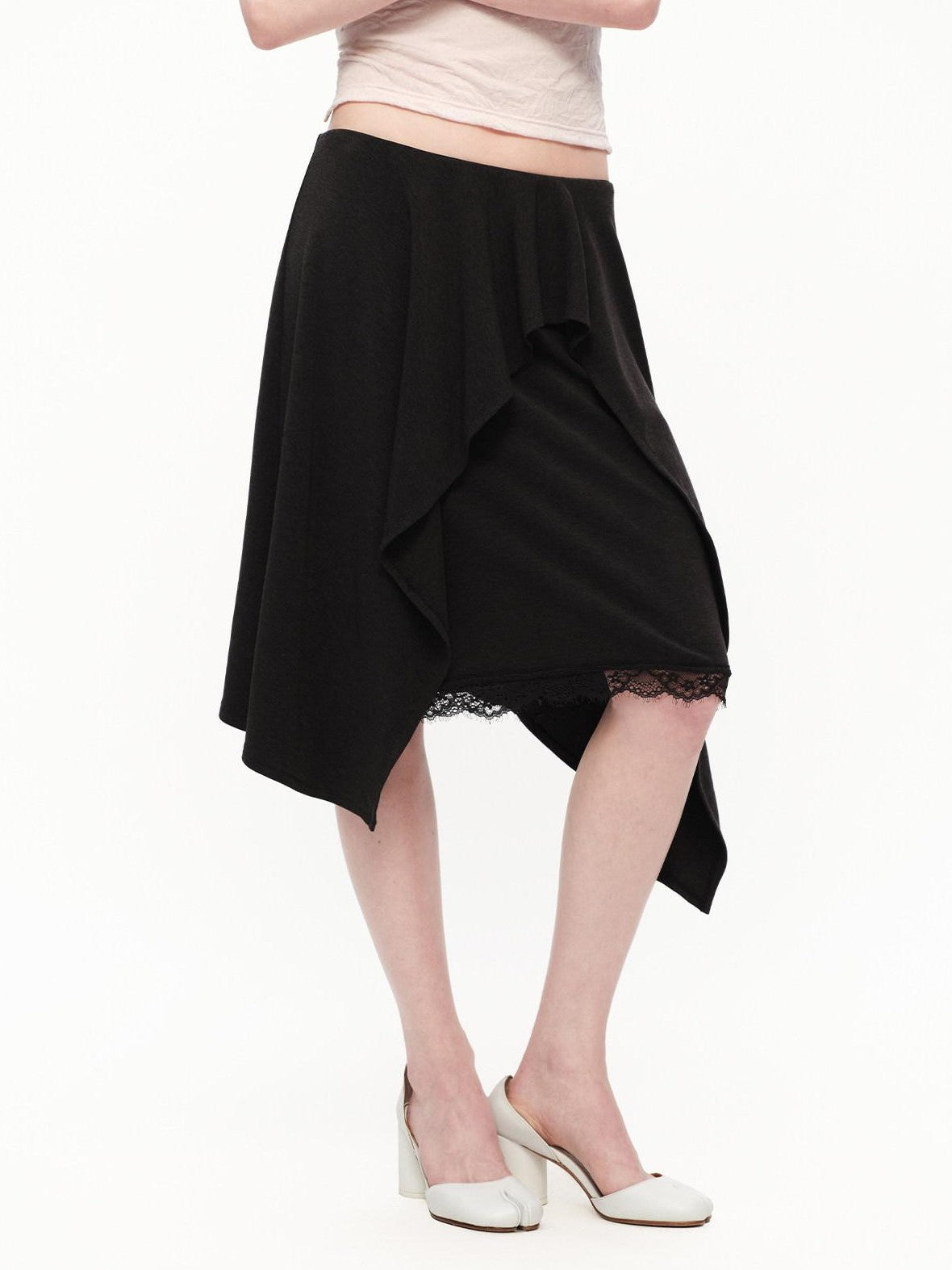 RUN TO THE FUTURE Black Lace Spliced Asymmetric Drapey A Line Women&