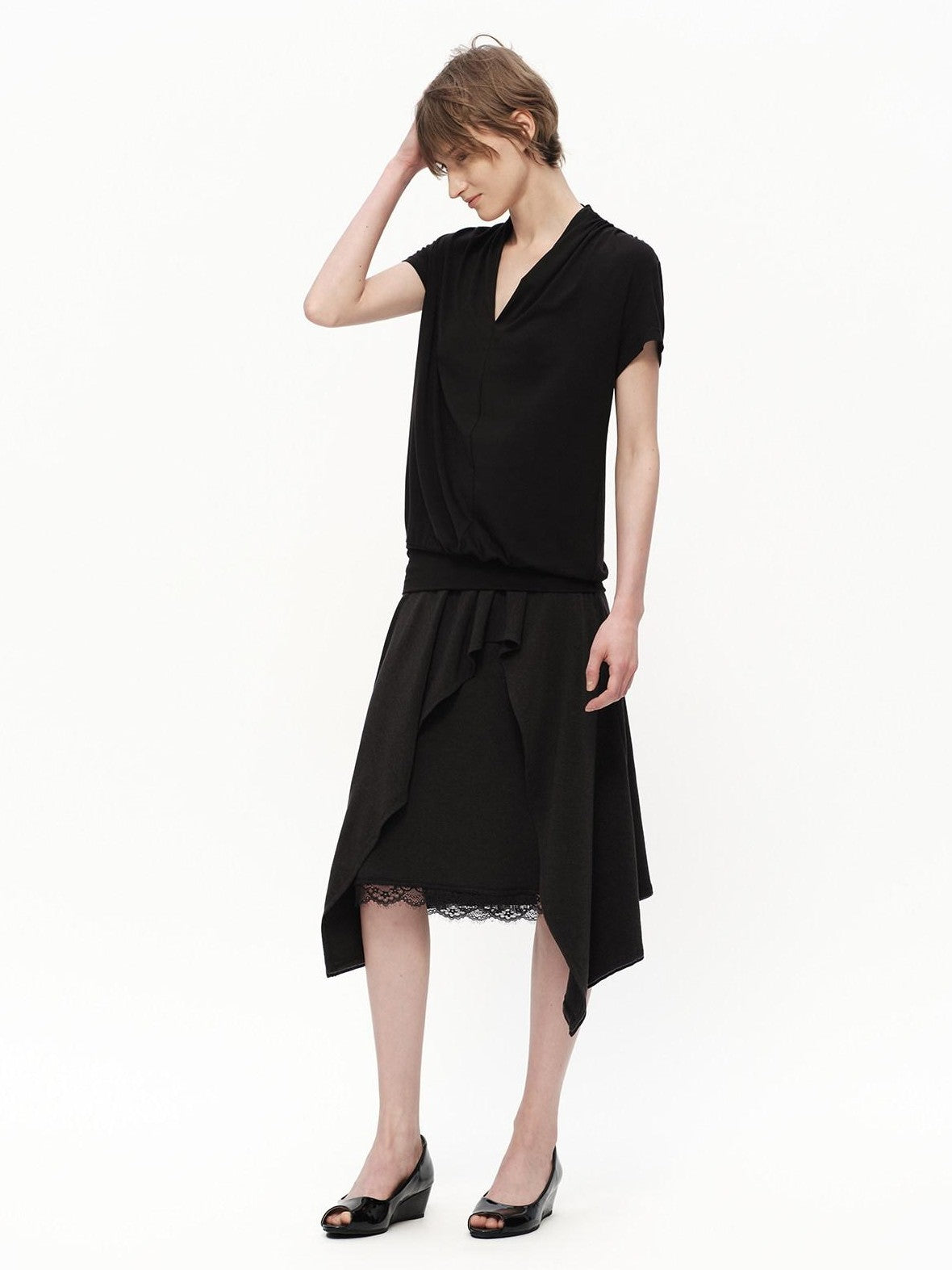 RUN TO THE FUTURE Black Lace Spliced Asymmetric Drapey A Line Women&