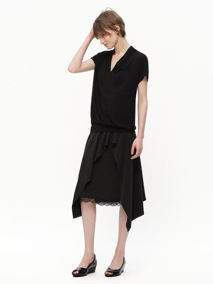RUN TO THE FUTURE Black Lace Spliced Asymmetric Drapey A Line Women&