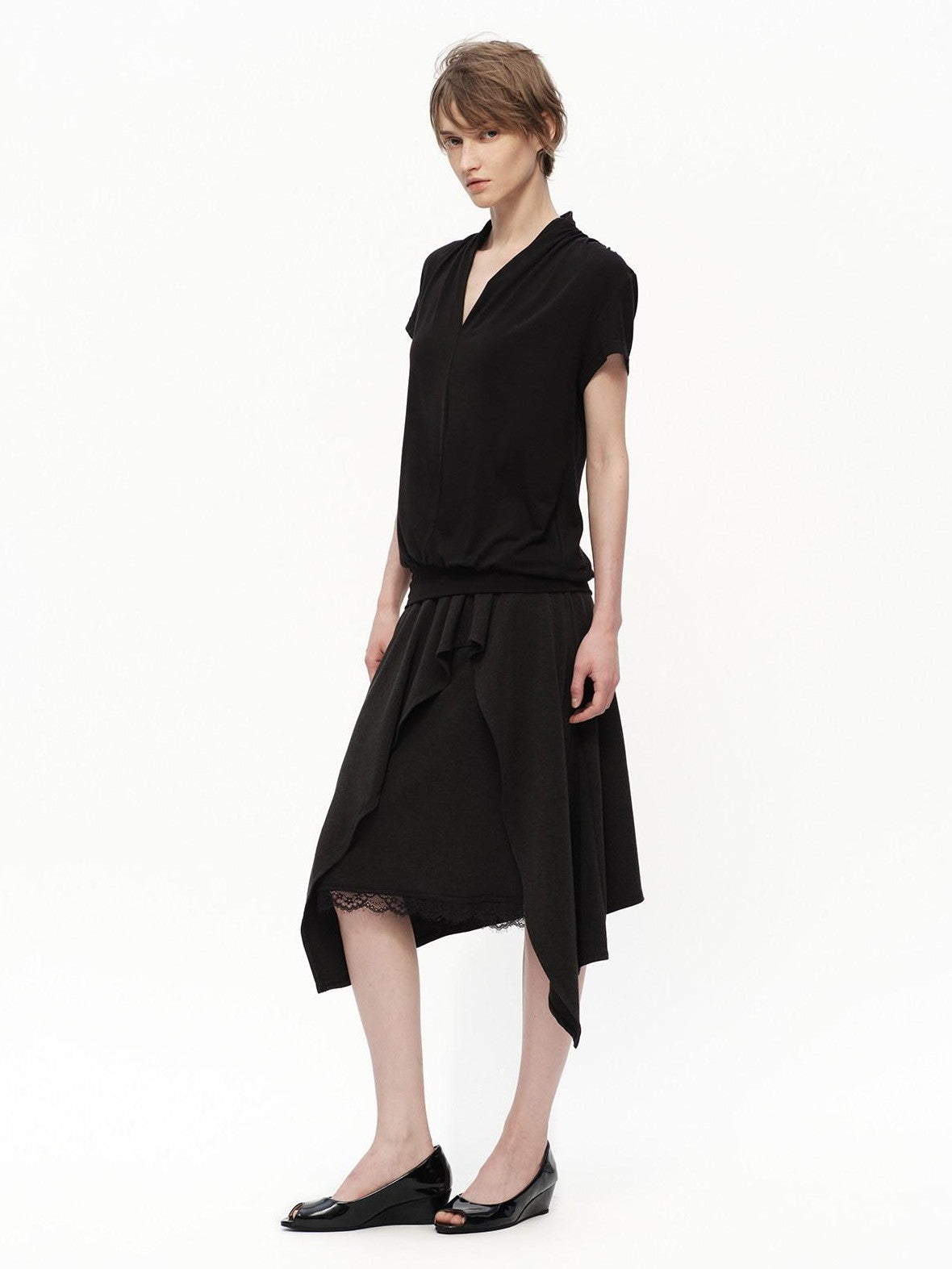 RUN TO THE FUTURE Black Lace Spliced Asymmetric Drapey A Line Women&