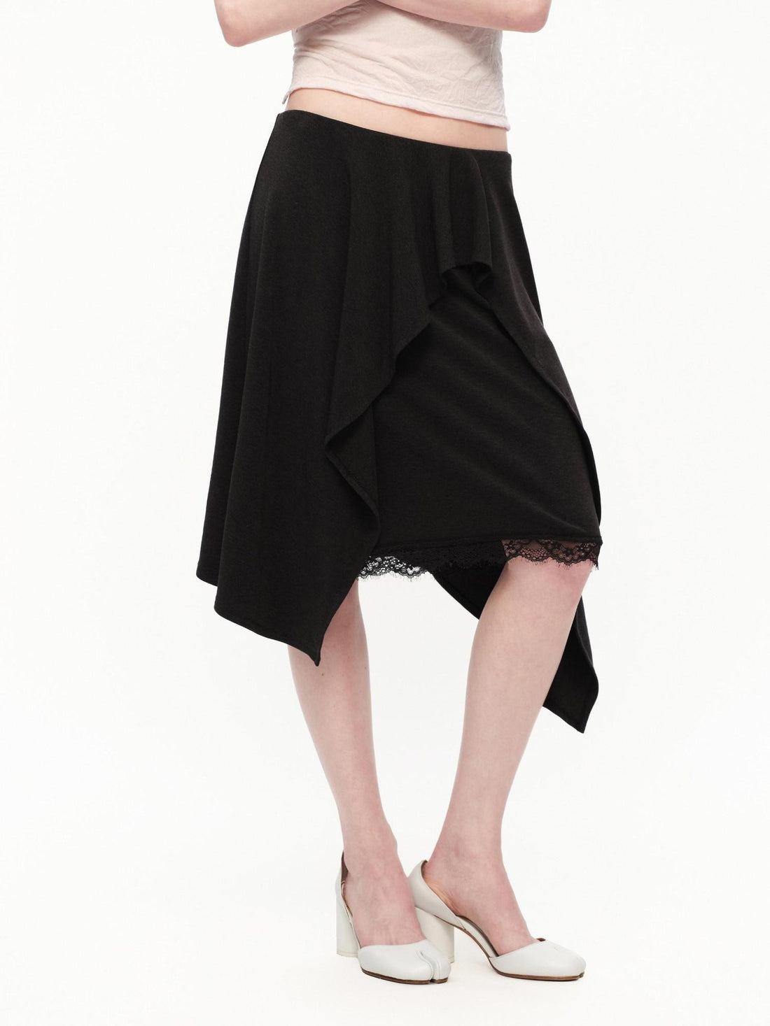 RUN TO THE FUTURE Black Lace Spliced Asymmetric Drapey A Line Women&