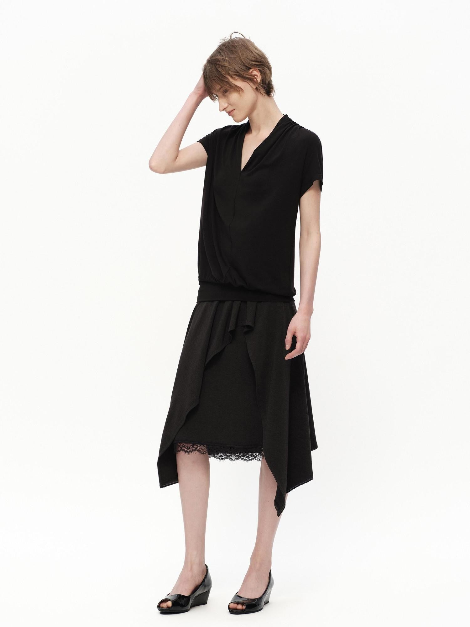 RUN TO THE FUTURE Black Lace Spliced Asymmetric Drapey A Line Women&