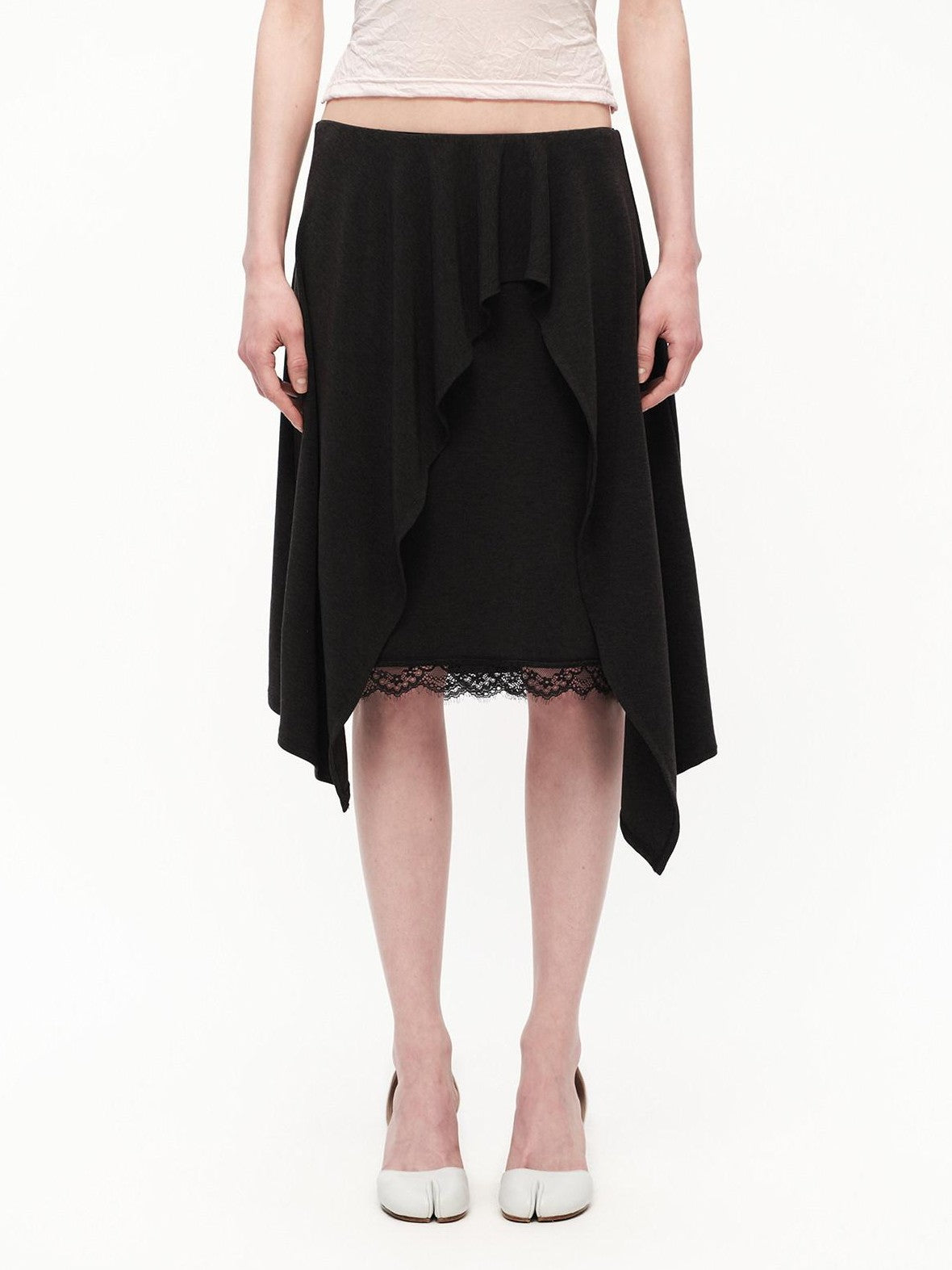 RUN TO THE FUTURE Black Lace Spliced Asymmetric Drapey A Line Women&