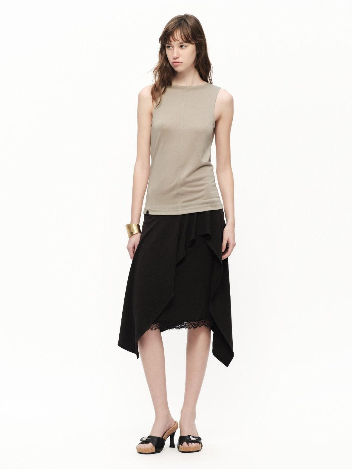 RUN TO THE FUTURE Black Lace Spliced Asymmetric Drapey A Line Women&