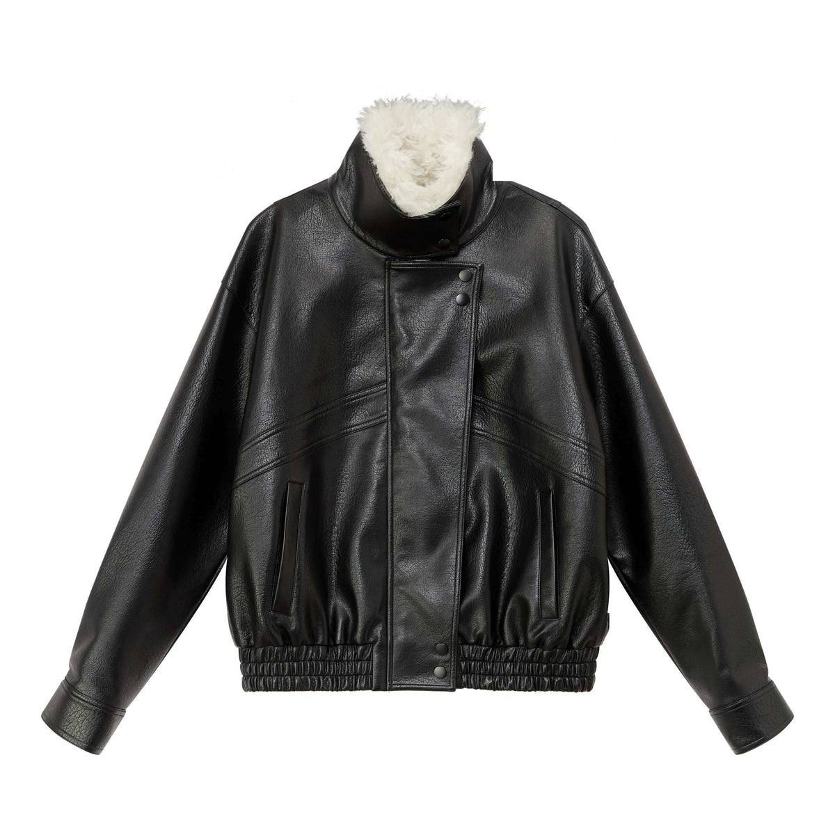 RUN_TO_THE_FUTURE_Black_Litchi_Textured_Fur_Collar_Loose_Fit_Women&
