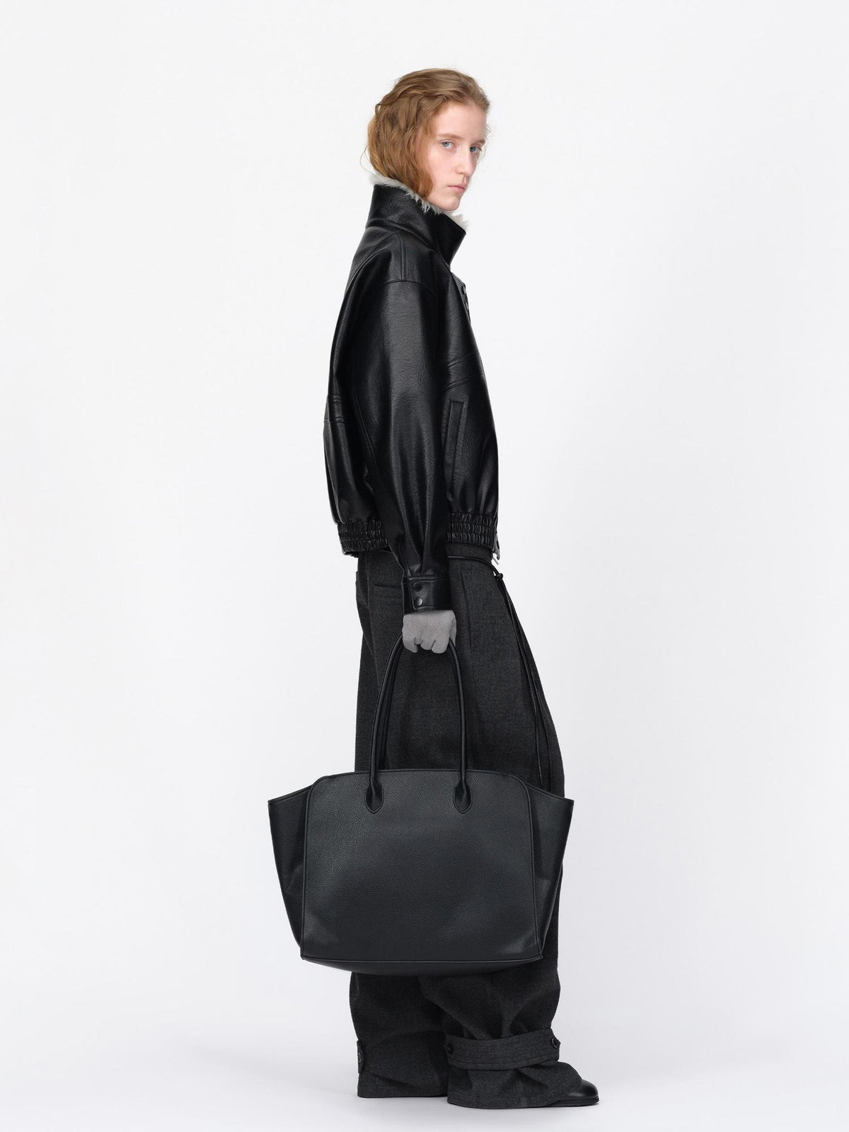 RUN TO THE FUTURE Black Litchi Textured Fur Collar Loose Fit Women&