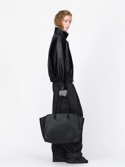 RUN TO THE FUTURE Black Litchi Textured Fur Collar Loose Fit Women&