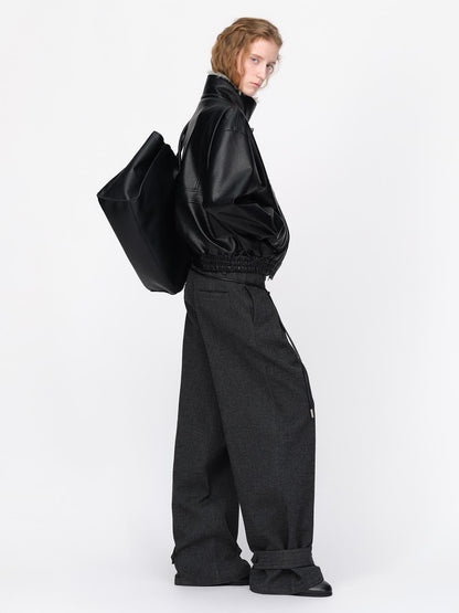 RUN TO THE FUTURE Black Litchi Textured Fur Collar Loose Fit Women&