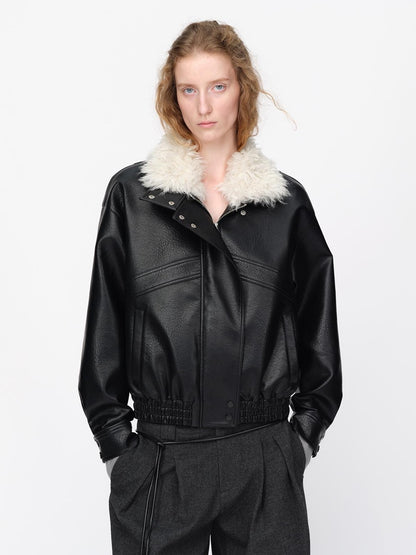 RUN TO THE FUTURE Black Litchi Textured Fur Collar Loose Fit Women&