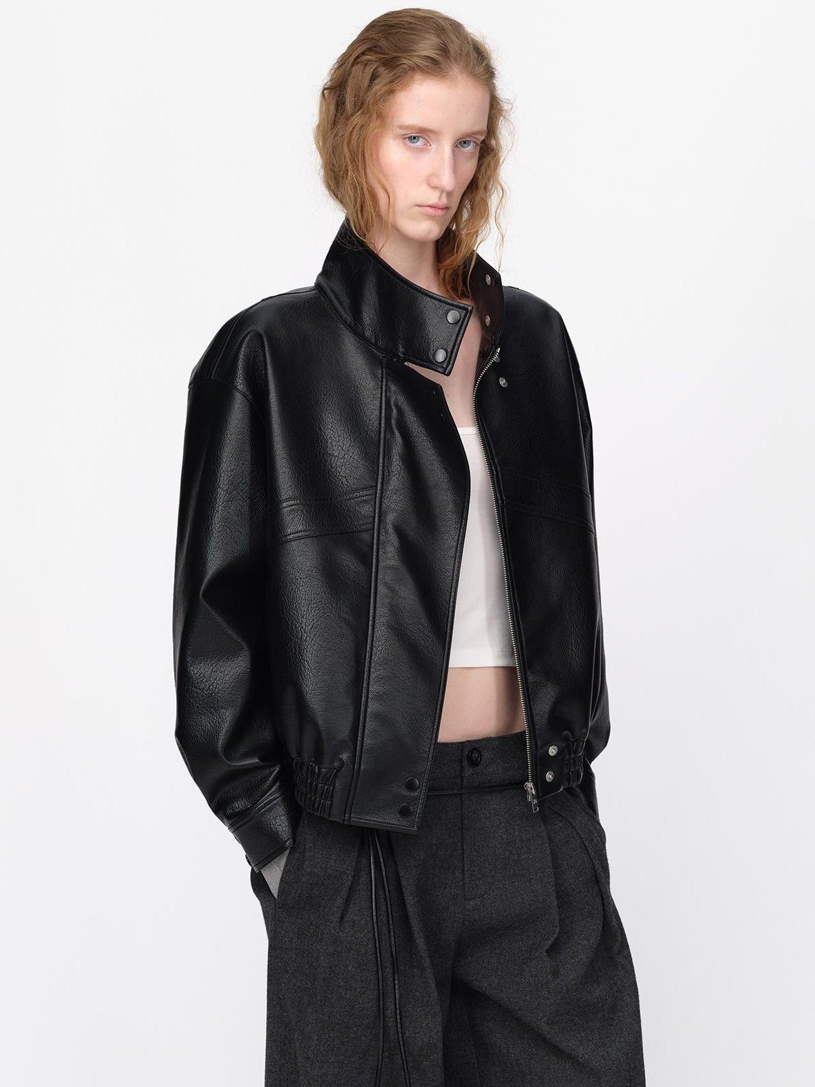 RUN TO THE FUTURE Black Litchi Textured Fur Collar Loose Fit Women&