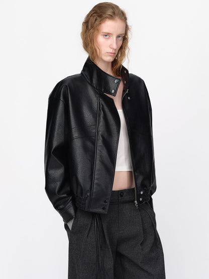 RUN TO THE FUTURE Black Litchi Textured Fur Collar Loose Fit Women&