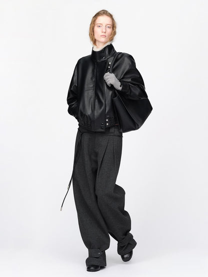 RUN TO THE FUTURE Black Litchi Textured Fur Collar Loose Fit Women&