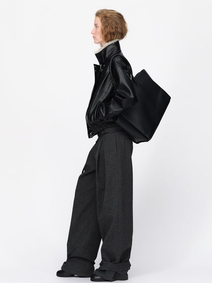 RUN TO THE FUTURE Black Litchi Textured Fur Collar Loose Fit Women&