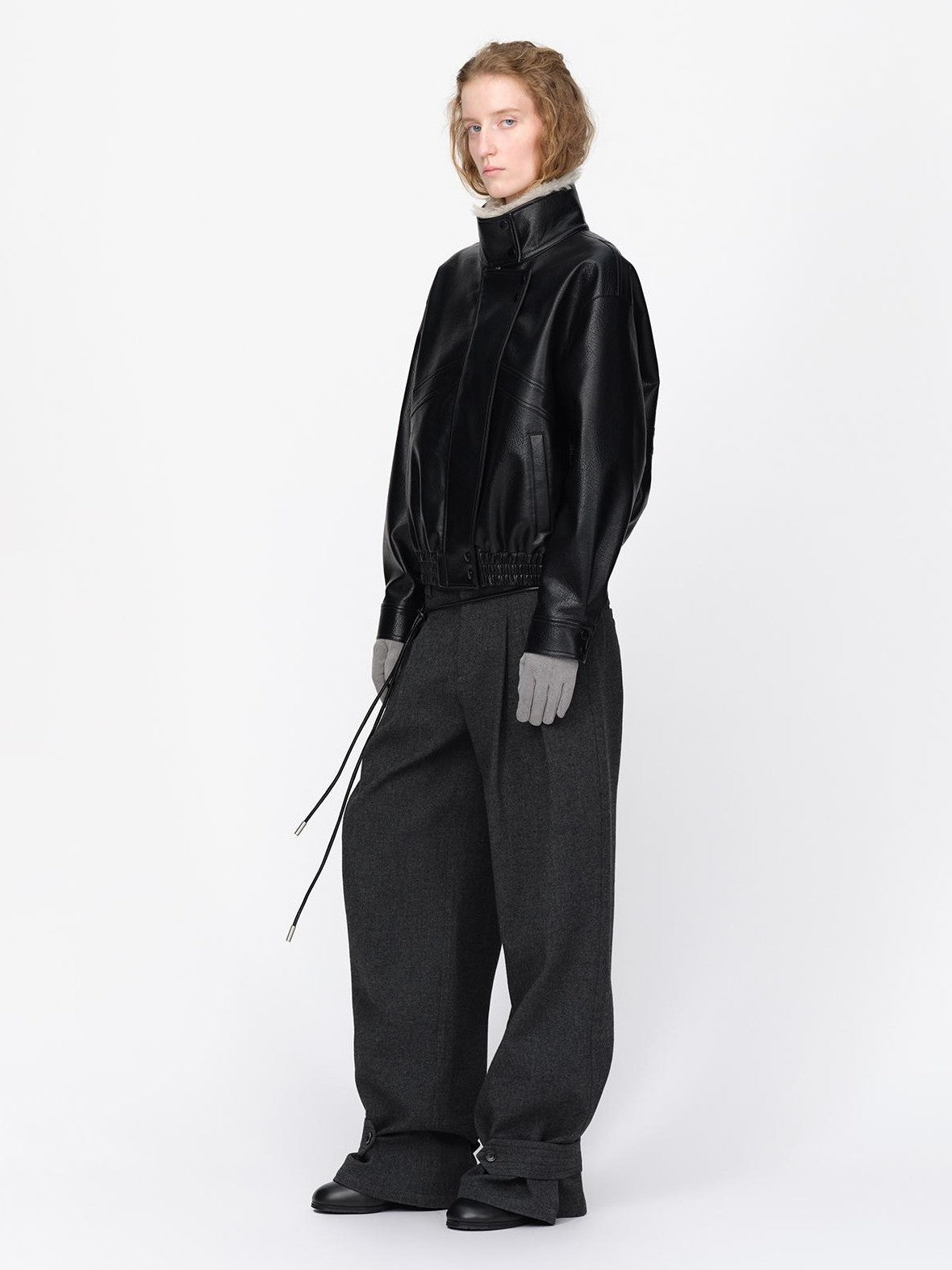 RUN TO THE FUTURE Black Litchi Textured Fur Collar Loose Fit Women&