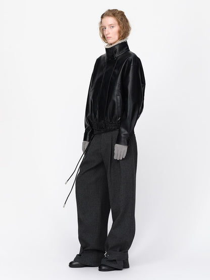 RUN TO THE FUTURE Black Litchi Textured Fur Collar Loose Fit Women&